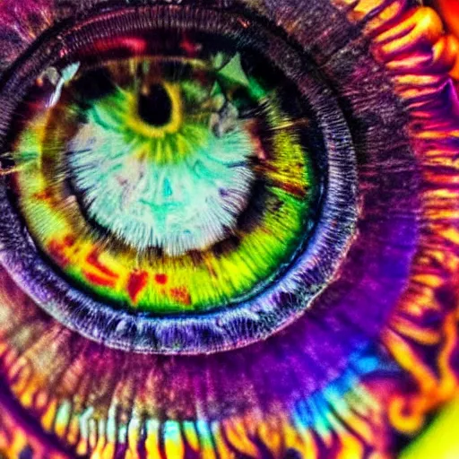 Image similar to closeup of iris of an eye, colorful, hyper - detailed, sharp, macro, realistic, psychedelic