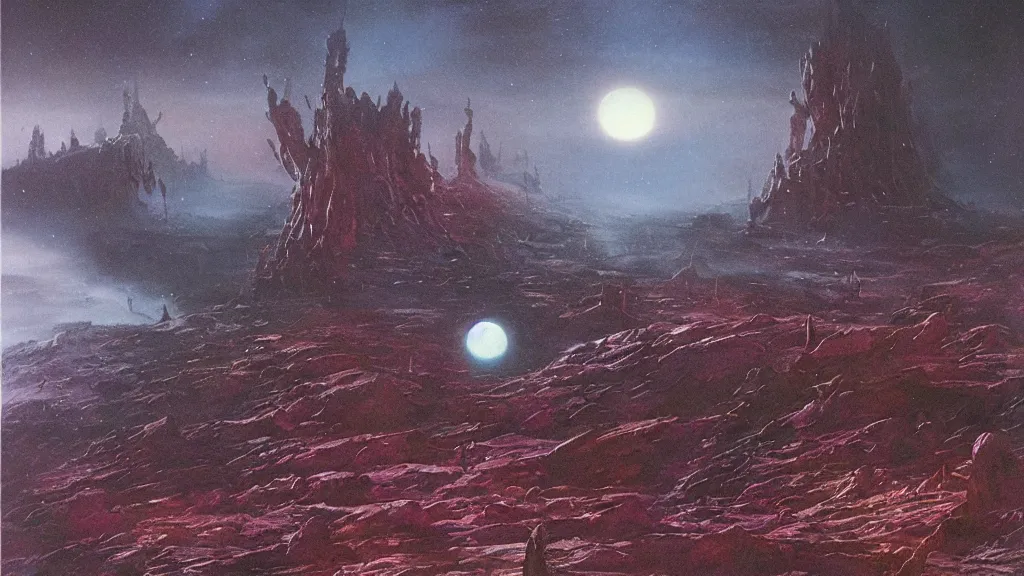 Image similar to eerie atmospheric alien planet empire by jack gaughan and bob eggleton and chris moore, epic cinematic matte painting