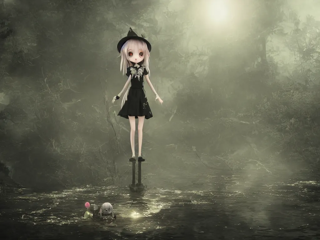 Image similar to cute fumo plush girl witch standing in reflective murky river water, gothic horror maiden in tattered cloth, volumetric fog and smoke, light shafts shining through the dusky light, moonglow, lens flare, chibi anime, vray