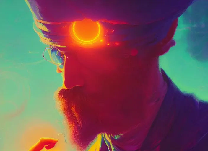 Prompt: A psychedelic portrait of wizard pondering orb, vibrant color scheme, highly detailed, in the style of romanticism, cinematic, artstation, Moebius, Greg rutkowski