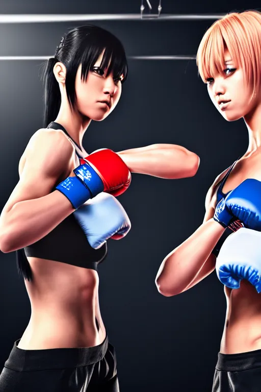 Prompt: two beautiful identical female fighters facing each other in the gym, dim lighting, gorgeous features, high definition, sharp focus, detailed digital anime art