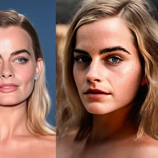 Image similar to a woman who is a genetic combination of margot robbie and emma watson face and upper - body focus
