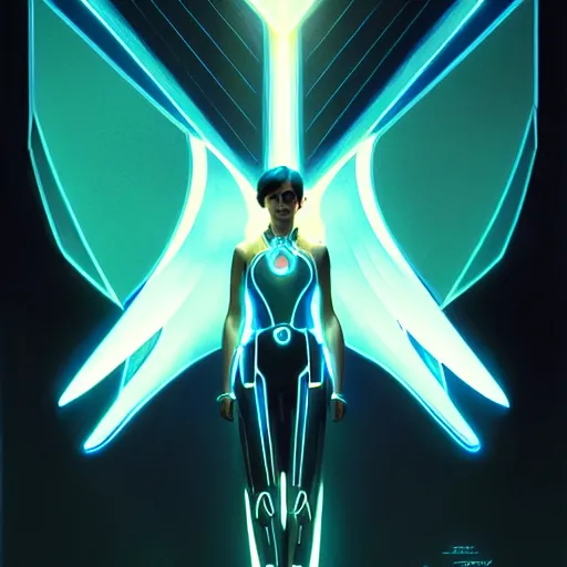 Image similar to tron legacy angel, diffuse lighting, hyper realistic, elegant, concept art, intricate, hyper detailed, smooth, sharp focus, illustration, trending on artstation, art by greg rutkowski and james gurney and alphonse mucha