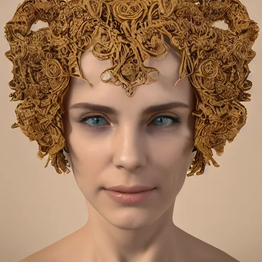 Image similar to beatifull face portrait of a woman, 150 mm, anatomical, flesh, flowers, mandelbrot fractal, facial muscles, veins, arteries, intricate, golden ratio, full frame, microscopic, elegant, highly detailed, ornate, ornament, sculpture, elegant , luxury, beautifully lit, ray trace, unreal, 3d, PBR, in the style of peter Gric , alex grey and Romero Ressendi