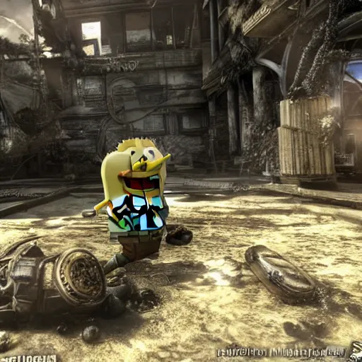 Image similar to Spongebob in Gears of War, highly detailed, high quality, HD, 4k, 8k, Canon 300mm, professional photographer, 40mp, lifelike, top-rated, award winning, realistic, sharp, no blur, edited, corrected, trending