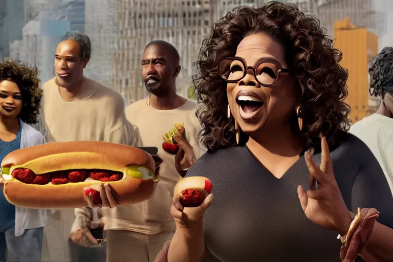 Image similar to oprah winfrey holding a hotdog, surrounded by homeless people, cardboard city, hyper realistic, 8 k, ethereal details, high resolution, cinematic lighting