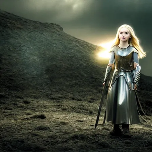 Image similar to cinematic scene with mckenna grace as eowyn from lord of the rings, live action film, battle armor chain mail, dramatic, small details, volumetric lighting, still frame