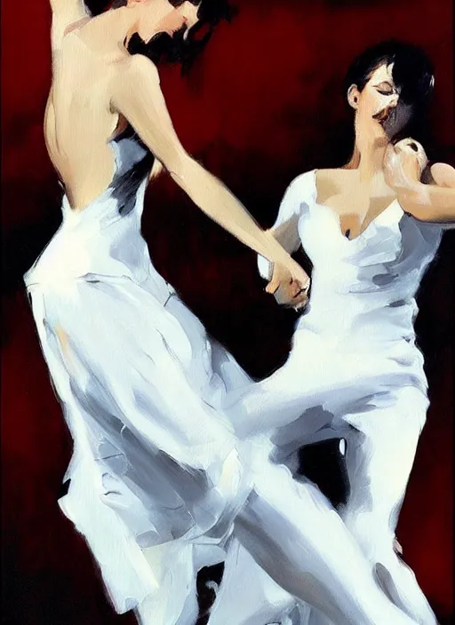 Image similar to sensual tango dancerin in white dress, painting by phil hale, fransico goya,'action lines '!!!, graphic style, visible brushstrokes, motion blur, blurry, visible paint texture, crisp hd image