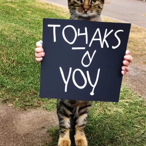 Image similar to a tabby cat holding a sign that says thank you!