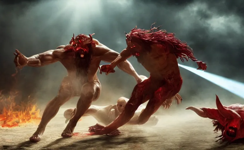 Image similar to hyperrealistic photo of Jesus Christ fighting red-skinned Satan devil demon Lucifer hellspawn in the face on the floor, 8k cinematic, epic fight scene, stunning composition, DSLR focus on the subjects