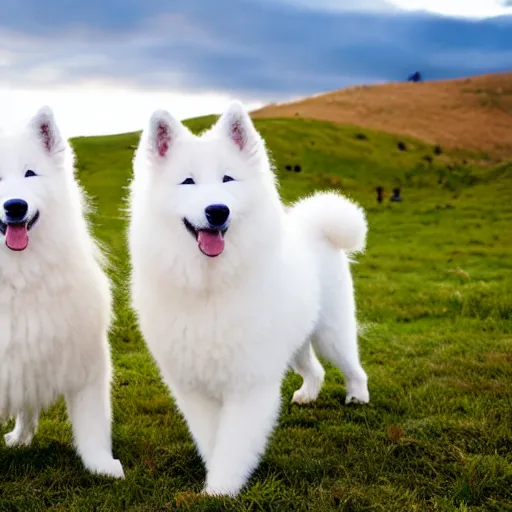 Prompt: two samoyeds playing together in the clouds, high up in the sky