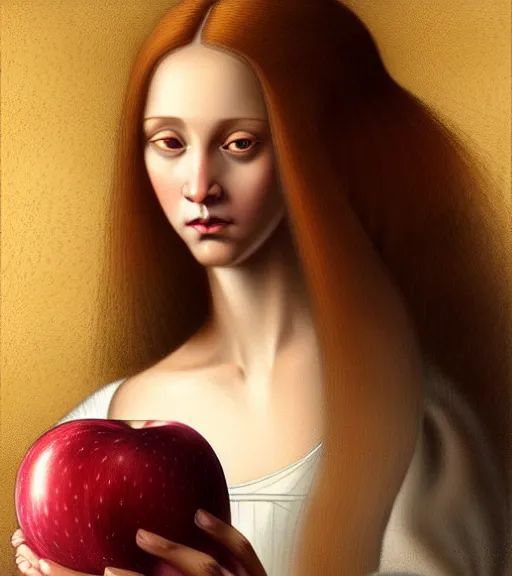 Image similar to portrait of a long - haired woman with a small apple sitting upon a table with heightened detail, poised, intense emotion, detailed facial expression, detailed surroundings, intricate, elegant, highly detailed, centered, digital painting, artstation, concept art, smooth, sharp focus, illustration, by ( leonardo da vinci ), wlop