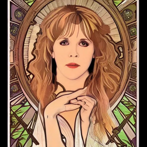 Image similar to beautiful lifelike award winning pencil illustration of stevie nicks trending on art station alphonse mucha cinematic atmospheric