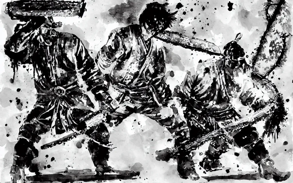 Image similar to samurai wielding a chainsaw, black and white watercolor