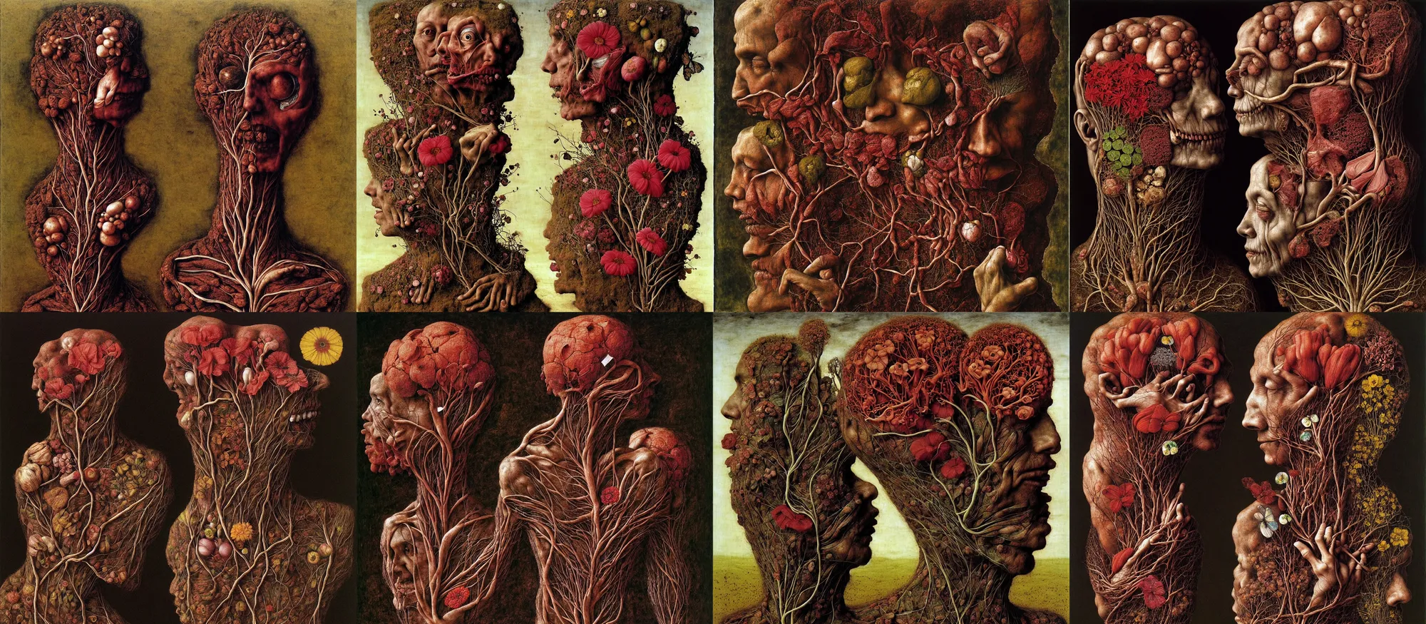 Prompt: veins and muscle tissue growing from the earth as a flower, elegant, dark, by giuseppe arcimboldo and ambrosius benson, a touch of beksinski, realistic, renaissance