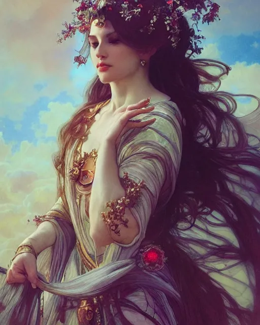 Prompt: a beautiful close up portrait of a sorceress floating on air with elegant looks, flowing robe, ornate and flowing, intricate and soft by ruan jia, tom bagshaw, alphonse mucha, krenz cushart, beautiful roman architectural ruins in the background, epic sky, vray render, artstation, deviantart, pinterest, 5 0 0 px models