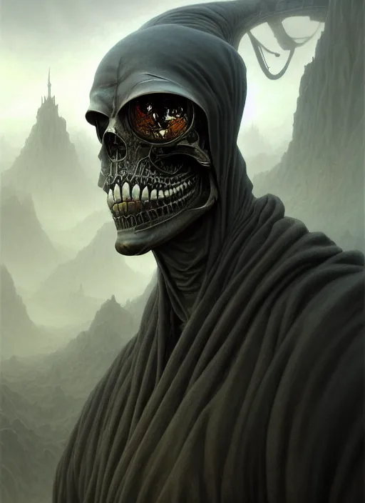 Image similar to closeup portrait shot of a grim reaper in a scenic dystopian environment, intricate, elegant, highly detailed, centered, digital painting, artstation, concept art, smooth, sharp focus, illustration, artgerm, tomasz alen kopera, peter mohrbacher, donato giancola, joseph christian leyendecker, wlop, boris vallejo