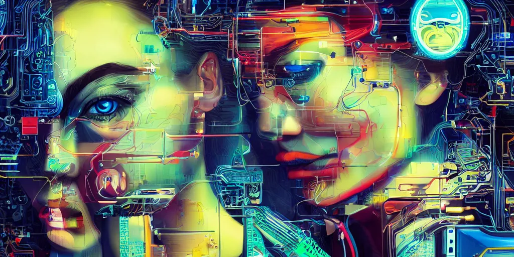 Image similar to portrait of computer & circuits, 8 k, by tristan eaton, trending on deviantart, face enhance, hyper detailed, minimalist, cybernetic, android, blade runner, full of colour, super detailed