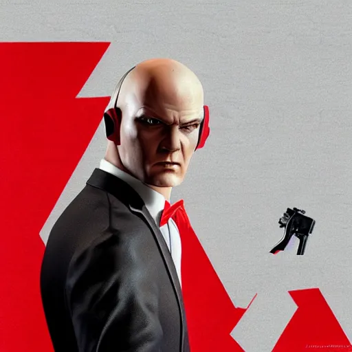 Image similar to a portrait of agent 4 7 from hitman wearing large headphones while pointing a silenced silver handgun, dark background, red rim light, smooth, sharp focus, art by irina french