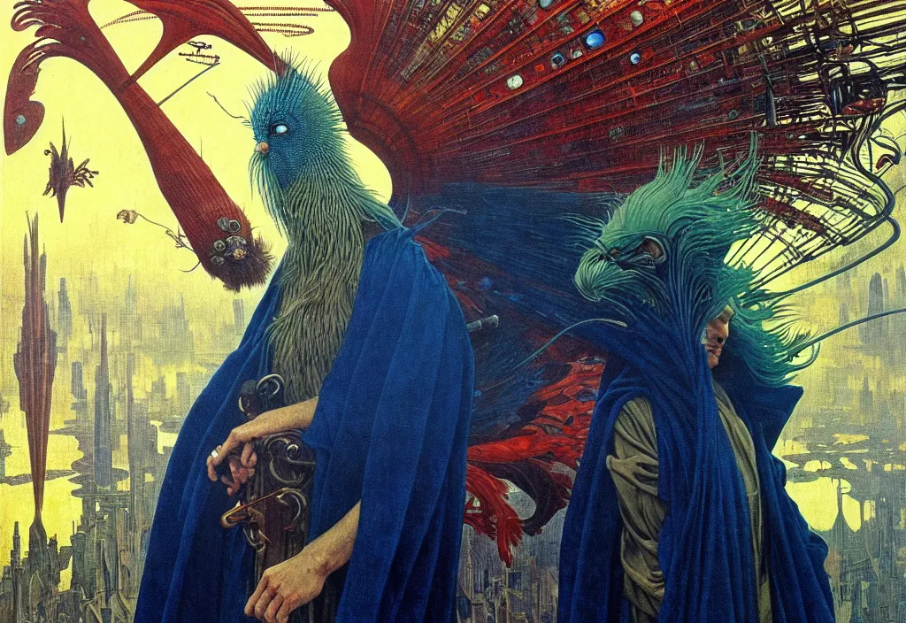 Image similar to realistic detailed portrait movie shot of a birdman wearing dark robes, sci fi city landscape background by denis villeneuve, amano, yves tanguy, alphonse mucha, ernst haeckel, max ernst, roger dean, masterpiece, rich moody colours, blue eyes, occult