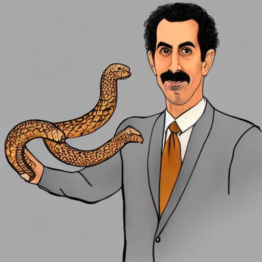 Image similar to courtroom sketch of borat holding a rattle snake, high quality, high resolution