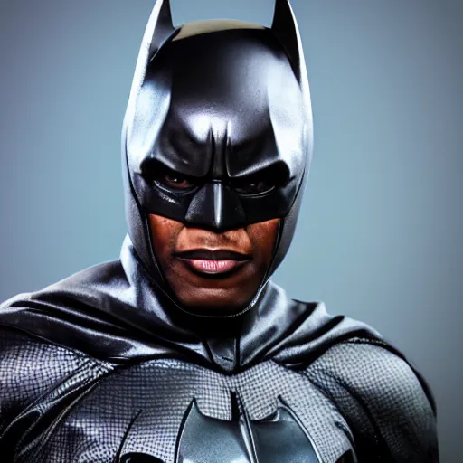 Prompt: Bola Tinubu as Batman, Bat suit with no cowl, no mask, portrait, hyper-realistic, sharp focus, highly detailed, depth of field, octane render