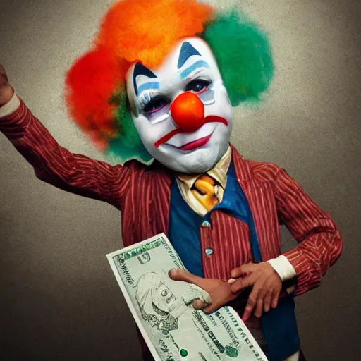 Image similar to A poor clown holding a giant dollar banknote, background is a slum, artstation, cgsociety, masterpiece