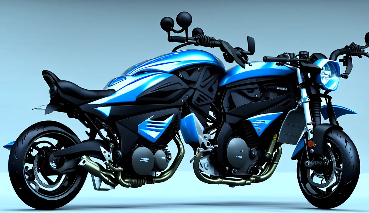 Image similar to futuristic version of suzuki bandit bike, high detail design, volumetric lighting, from new movie by digital domain and weta digital, strong ambient occlusion