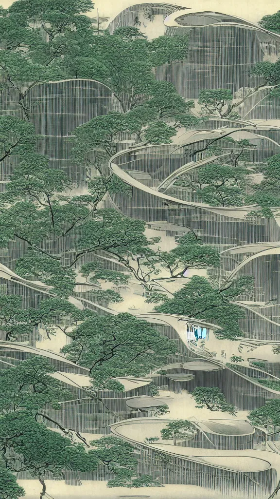 Prompt: photo in style of hiroshige and piranesi. ecological parametric futuristic building in a urban setting. ultrarealistic, white page. crowded people on mossy buildings have deep tall balconies with plants and trees. thin random columns, large windows, deep overhangs. greeble articulated details. 8 k, uhd.