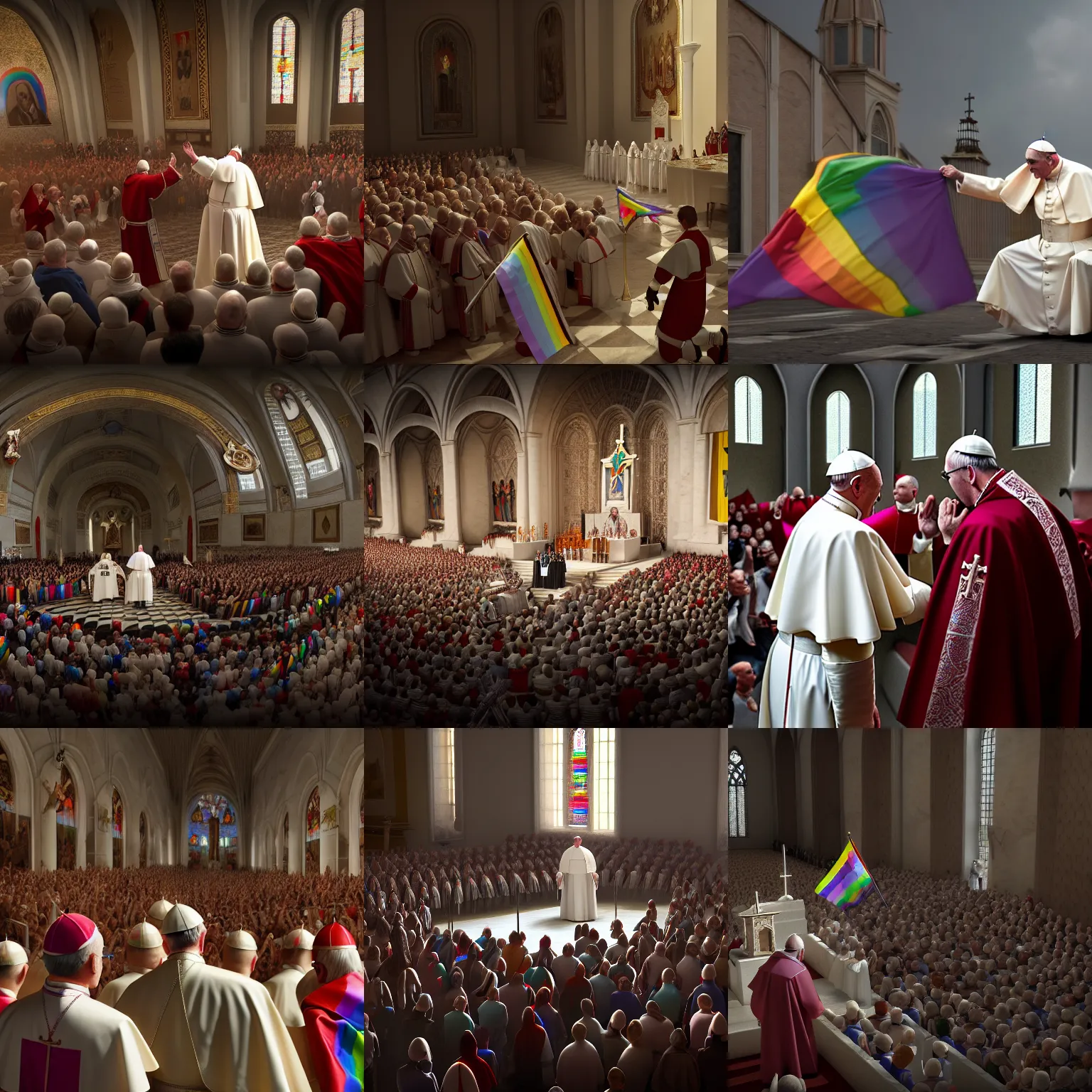 Prompt: Pope tries to fend off members of the LGBTQ group from taking over the church, photography, highly detailed, HD, sharp focus, smooth, octane render, 4k, artstation, dynamic lighting