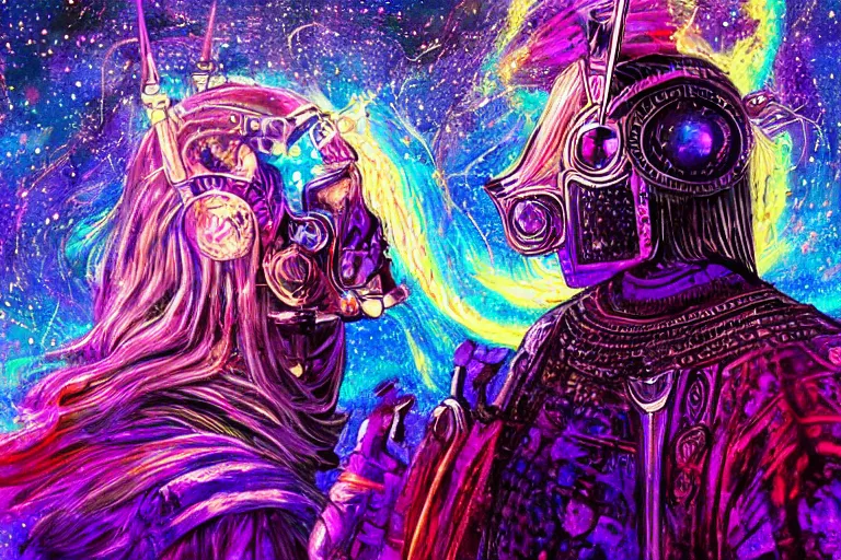 Image similar to digital art of a spiritual medieval knight looking up at the stars, acrylic art, universe, painting, pastel colors, synthwave, retro, cyberpunk,