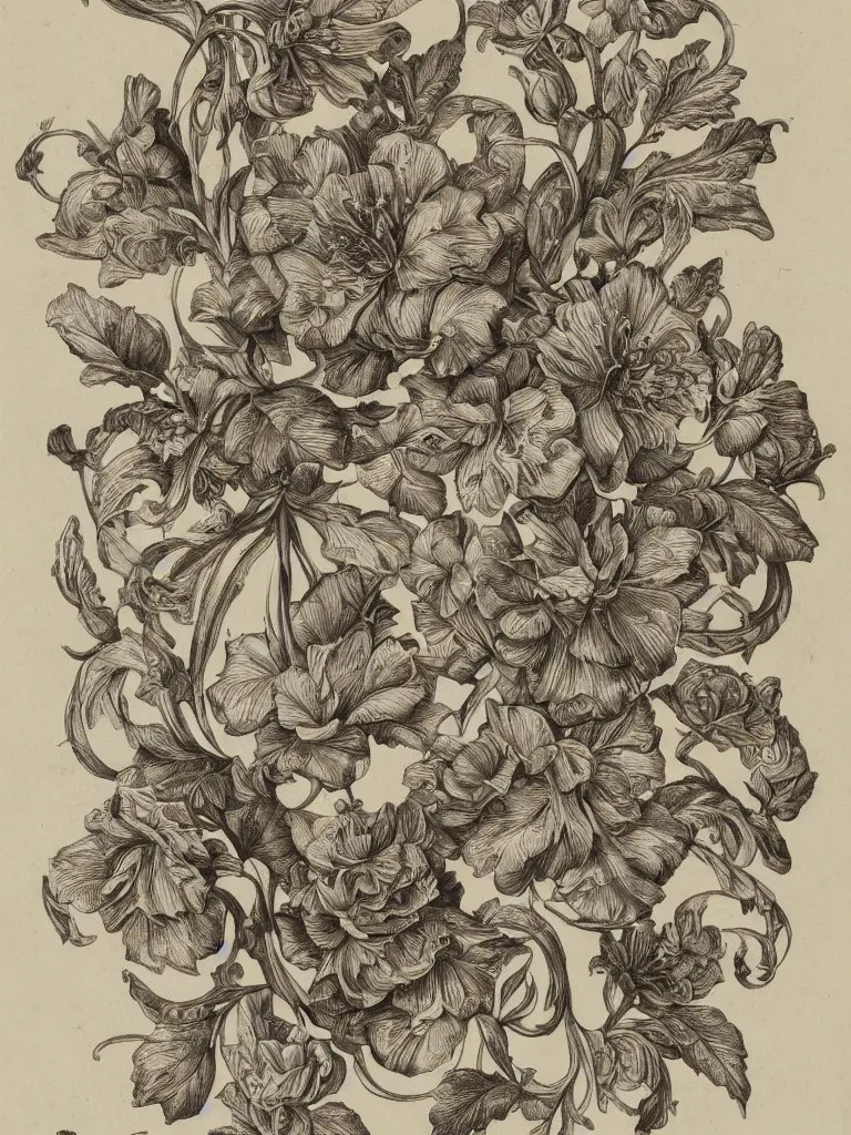Prompt: isolated beautiful decorative ornament with classical floral elements, decorative design, classical ornament, typographic elements, bilateral symmetry, roses, lilies, leaves, flowers and stems, buds, flowering buds, highly detailed etching, beautiful mature color palette,