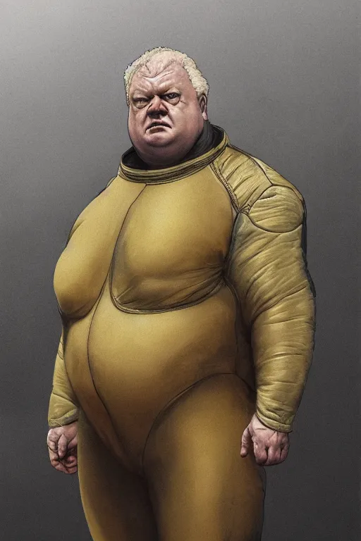 Image similar to upper body portrait of baron harkonnen wearing leather spacesuit, detailed, sand wom in the distance, illustration by normal rockwell, artstation character art, greg rutkowski