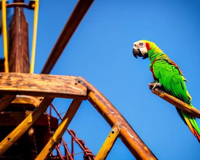 Prompt: low angle photo of a parrot on a pirate ship, rule of thirds, depth of field