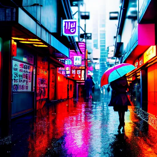 Image similar to photo of a rainy night in a cyberpunk street in seoul, storefronts are made out of neons, a cyberpunk woman is walking in the middle of the street. hyper realistic rendering photography, long shot, 4 k