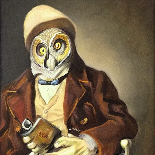 Image similar to portrait of an owl man sitting on a couch smoking a pipe, realistic masterpiece