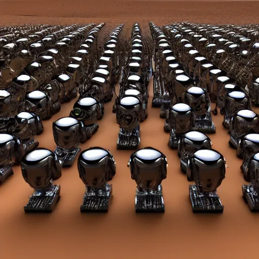 Prompt: army of army of metallic robots in desert, raytracing, 5 5 mm