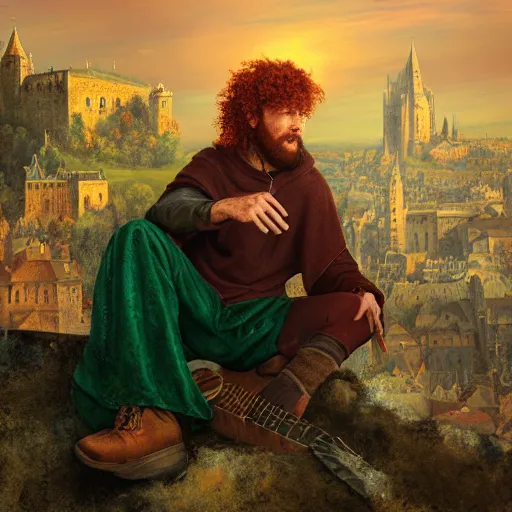 Image similar to a rugged man with curly red hair wearing a green cloak playing a guitar sitting on a roof top, medieval setting, entire city visible, zoomed out, night, atmospheric lighting, painted, intricate, volumetric lighting, beautiful, rich deep colours masterpiece, golden hour, digital art