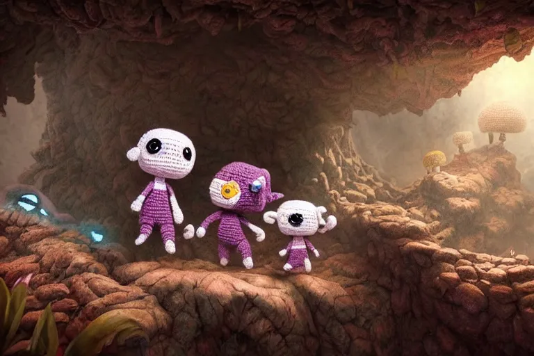 Prompt: a tattoo of an expedition of crochet cute monsters discovering a new cave underground. cute, illustration, digital art, inspired by little big planet, by greg rutkowski, detailed, sharp, masterpiece, highly detailed, photorealistic, octane render, 8 k, unreal engine 5, trending on artstation, vivid colors