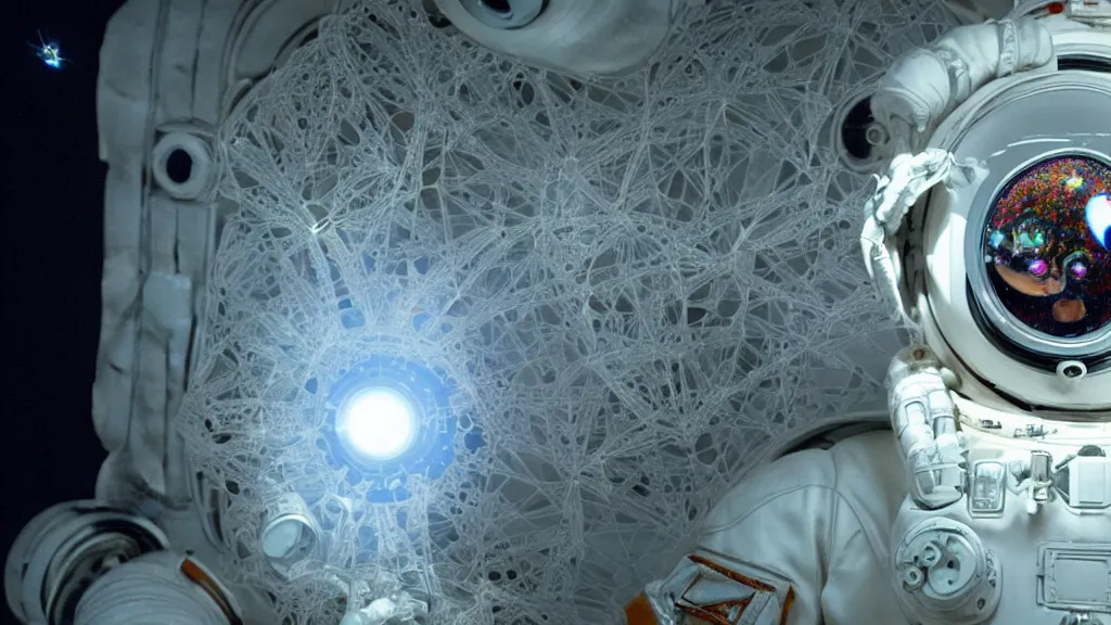 Image similar to a cybernetic symbiosis of a single astronaut eva suit with diamond 3d fractal lace iridescent bubble 3d skin covered with insectoid compound eye camera lenses floats through the living room, film still from the movie directed by Denis Villeneuve with art direction by Salvador Dalí, wide lens,