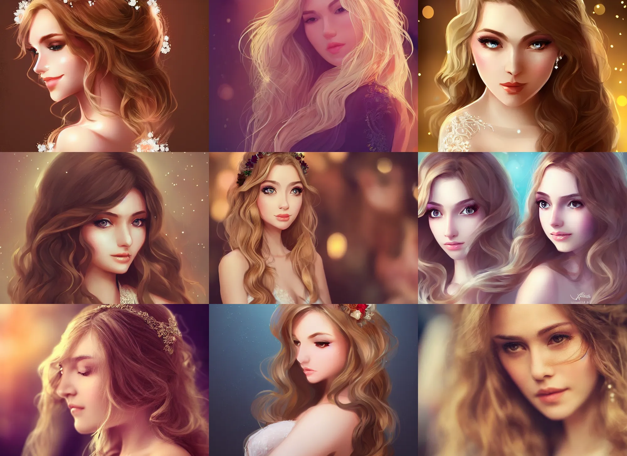 Prompt: a beauty with blonde wavy long hair and brown eyes and round face attending weddings become the focus of the audience, bokeh, artstation