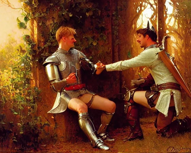 Image similar to arthur pendragon flirting wit his knight. the knight is also flirting back, highly detailed painting by gaston bussiere, craig mullins, j. c. leyendecker