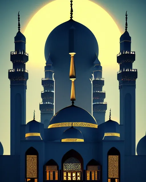 Image similar to beautiful mosque under a giant full moon, glowing arabic symbols, epic gold spires and towers, cinematic, dramatic lighting, extreme detail, artstation, sharp focus, masterpiece,