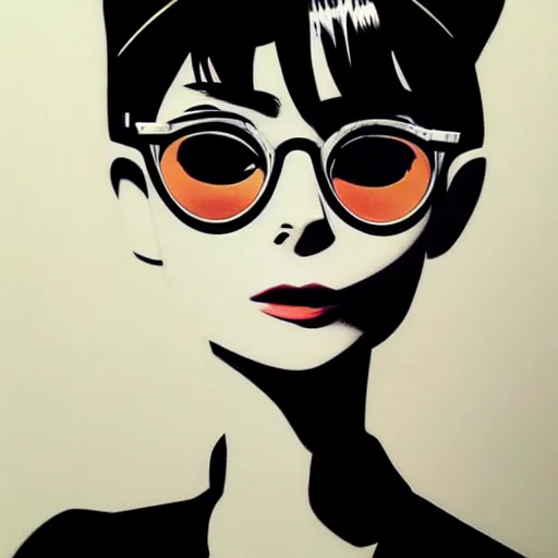 Prompt: beautiful anime version of audrey hepburn with hat and dark sunglasses covering her eyes. smoking from a long cigarette holder. drawn by ilya kuvshinov