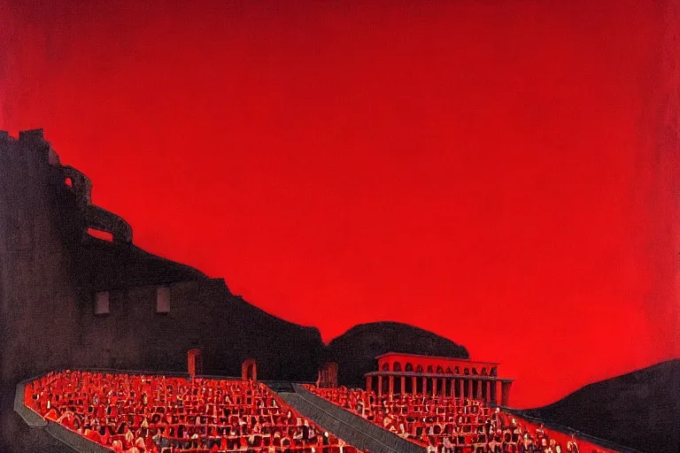 Image similar to only with red, a red great emperor, taormina amphitheatre, crowd with big smile, in the style of beksinski, parts by edward hopper, parts by rodcenko, parts by yue minjun, intricate and epic composition, red by caravaggio, insanely quality, highly detailed, masterpiece, red light, artstation, 4 k