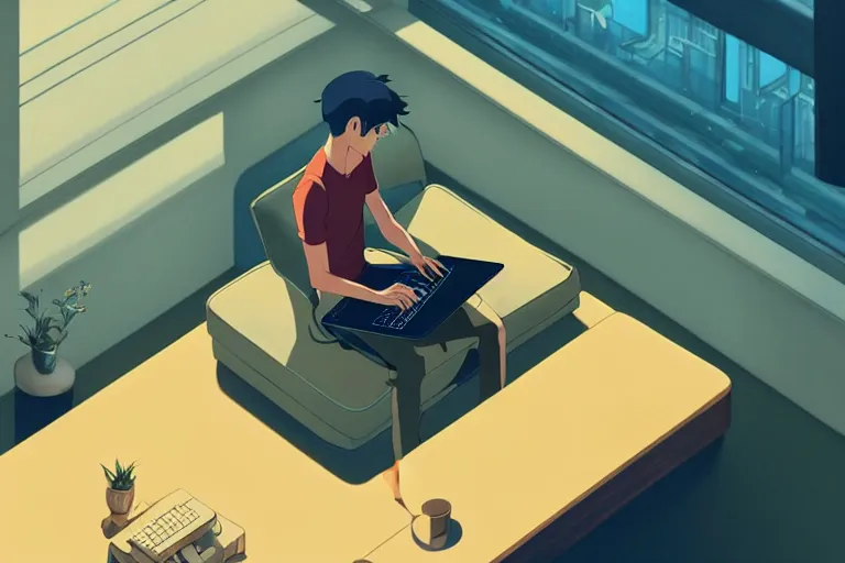 Prompt: a young man sitting on a sofa working on a laptop, wide angle shot from above, golden curve composition, animation portrait concept art, style of makoto shinkai, xision, james jean and peter mohrbacher, studio ghibli, artgerm, karol bak, dan mumford, 4 k hd, animation style