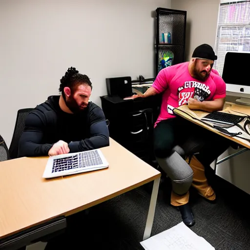 Image similar to professional wrestlers scattered around a small office room and all of them are helping do taxes and accounting, WWE, wrestlers, office room, bright lighting, messy desks, digital photo