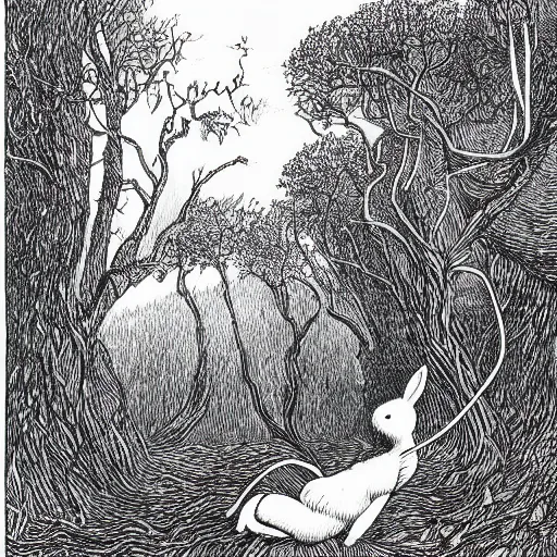 Image similar to a deep dark tangled forest, a white rabbit smoking a cigarette while reclining, a lingering smoke cloud, childrens illustration, by edward gorey, by gustav dore