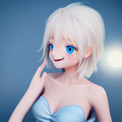 Image similar to beautiful hyperrealism selfie of a cute 3 d anime young woman smiling smugly, long light platinum blonde hair, flushed face, heart - shaped face, cute freckles, light blue eyes, golden hour, 8 k, instagram