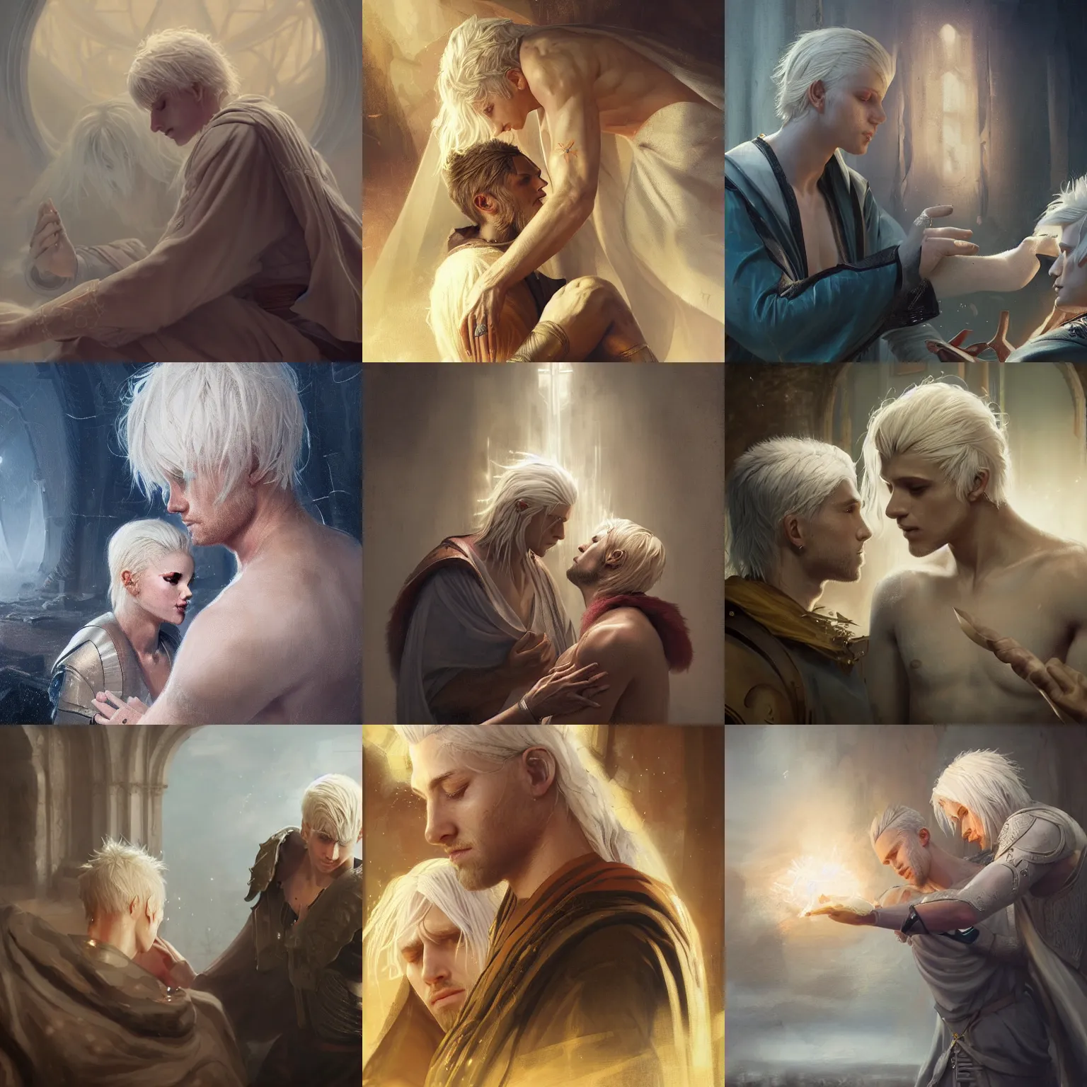 Prompt: portrait of an aasimar man with platinum blonde hair healing a wounded man with holy magic, detailed, realistic, Greg Rutkowski, 4k, pensive